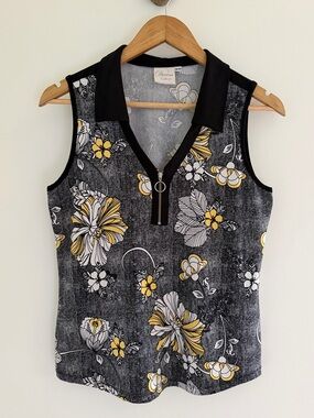 Dexim Golfwear Floral Sleeveless Zip Golf Polo Top Made in Canada Medium